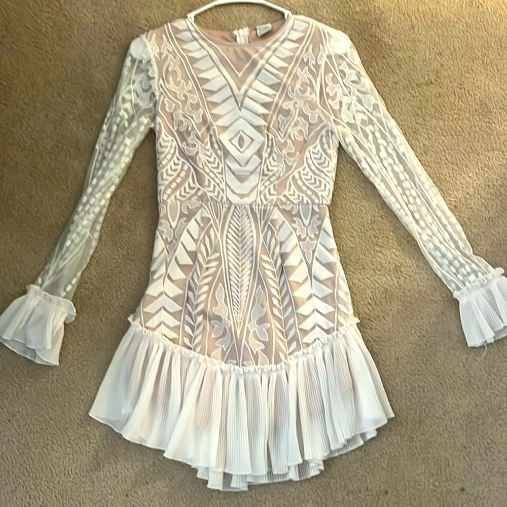 White and nude dress with lace sleeves and bottom
